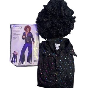 Dreamgirl Disco Dude Costume Shirt Black Sequin Afro Wig Halloween Men's M
